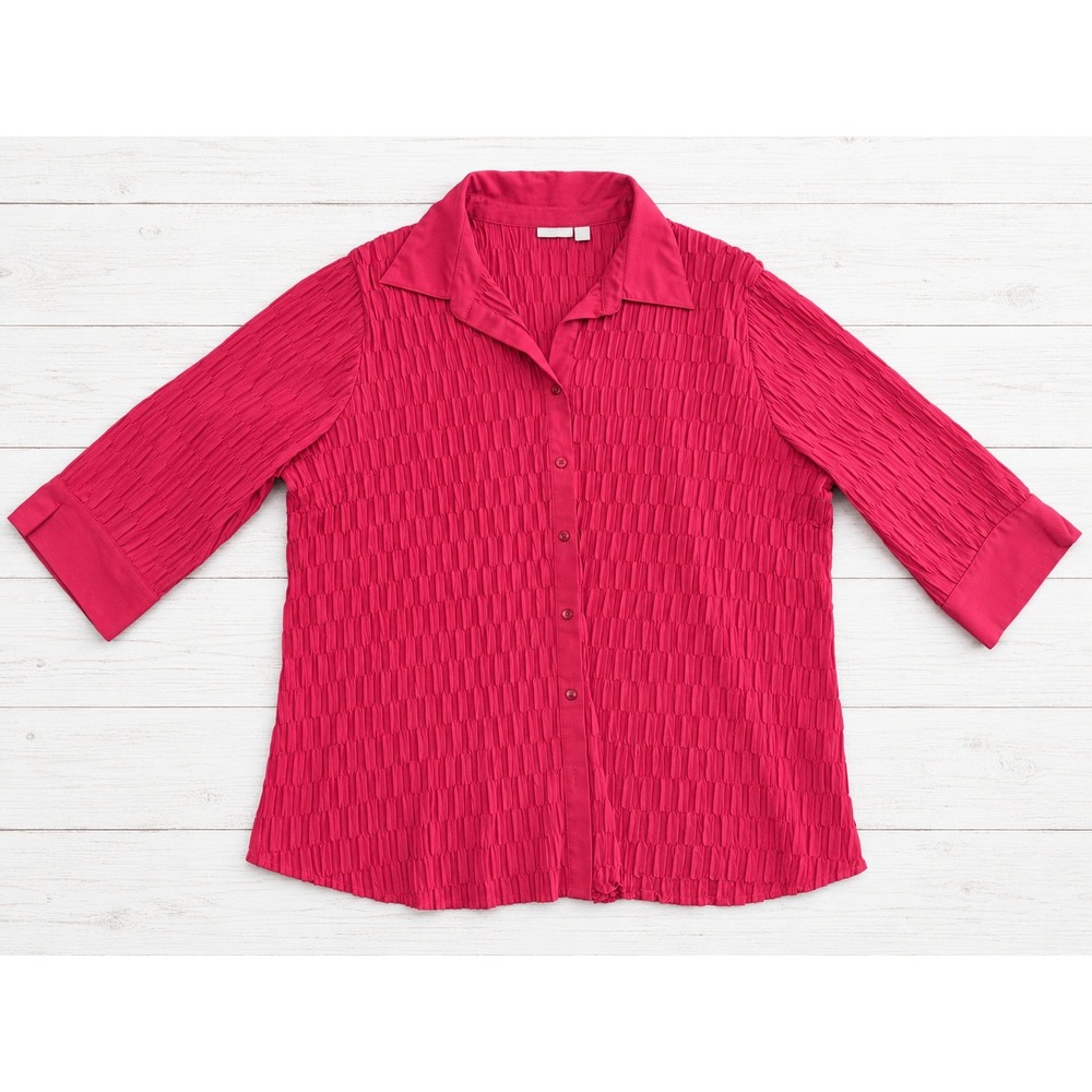 Apt. 9 Woman Red Plissé Crinkle Button Up Blouse Career Casual Plus Size 2X 4382
